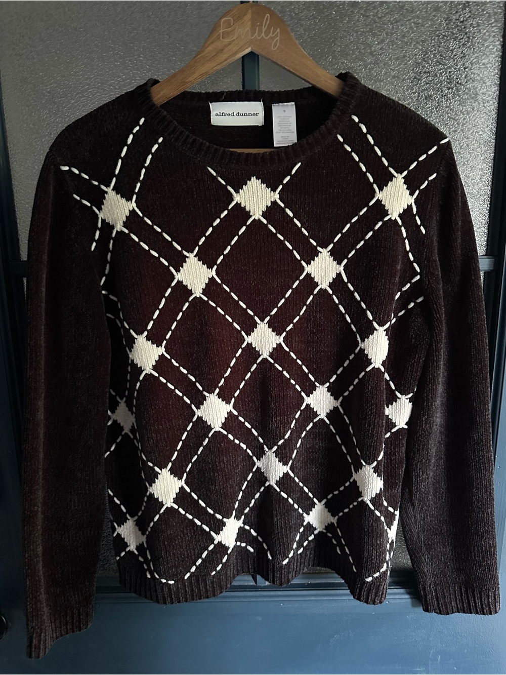 Vintage Alfred Dunner Black Crewneck Sweater with White Argyle Diamonds